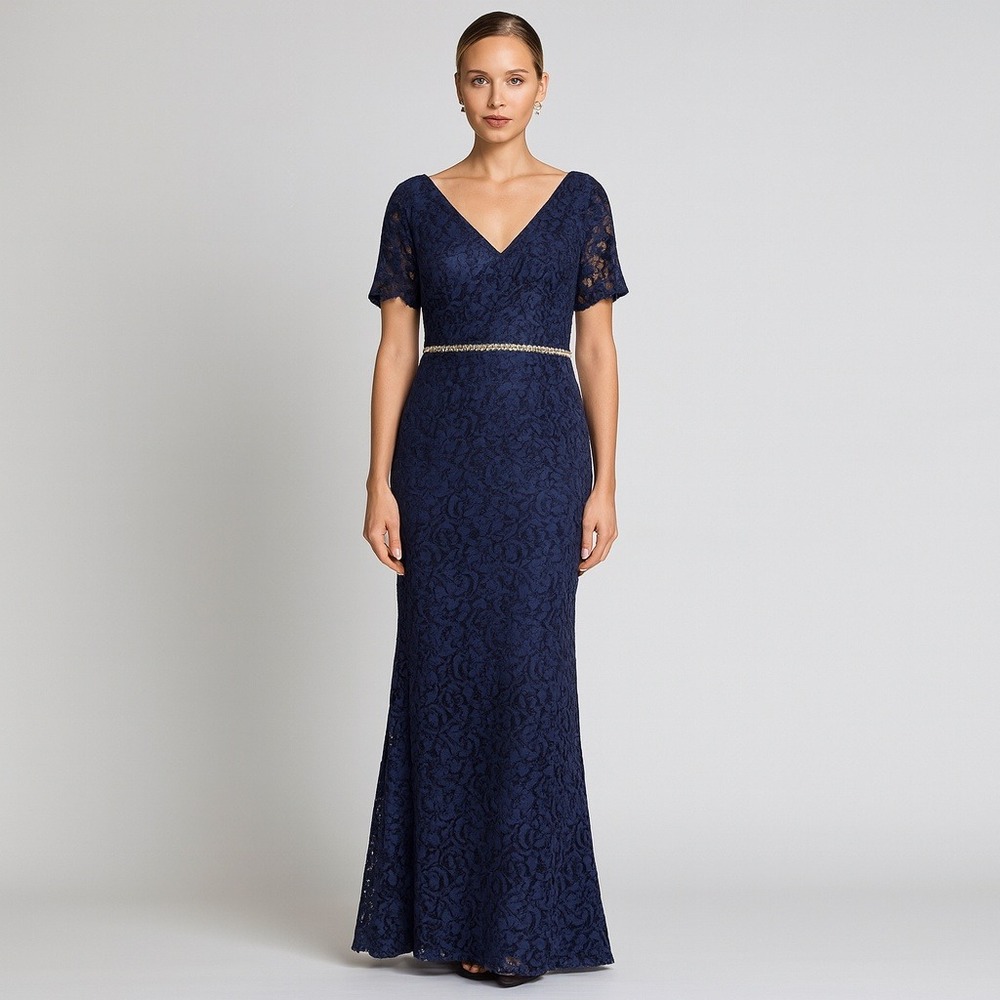 ALYCE Paris Navy Blue Lace Embellished Waist Maxi Evening‎ Cocktail Dress 14